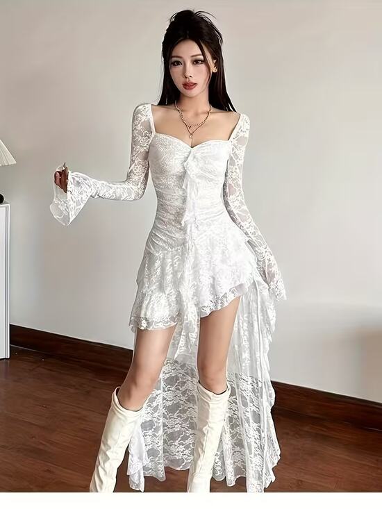 Wicked Silk Dresses & Skirts - White Gothic Lace High-Low Maxi Dress Sheer Long Sleeve Fairycore Y2K (Size L)